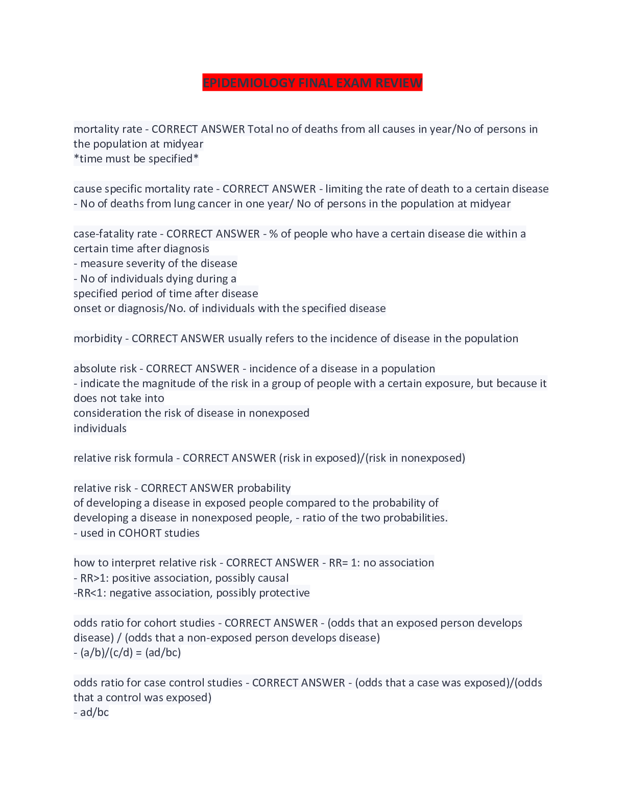 EPIDEMIOLOGY FINAL EXAM REVIEW, QUESTIONS WITH CORRECT ANSWERS